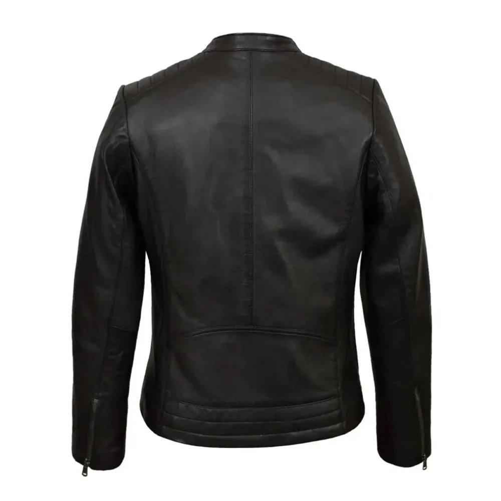 Women's Black Quilted Shoulders Genuine Sheepskin Racer Leather Jacket