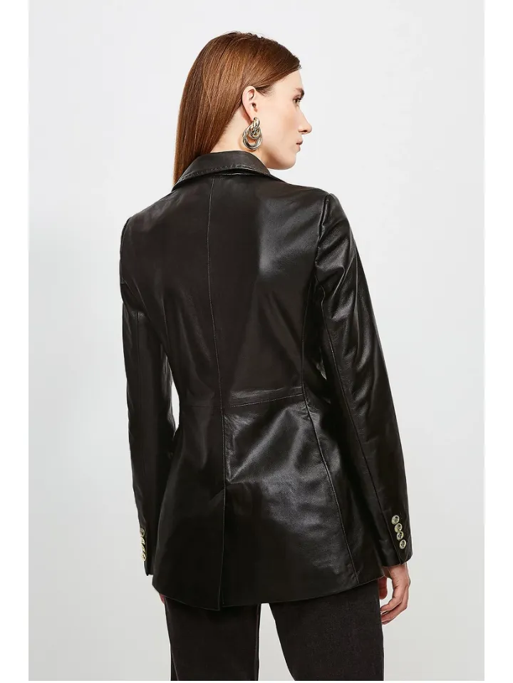 Women’s Black Sheepskin Leather Blazer With Golden Buttons