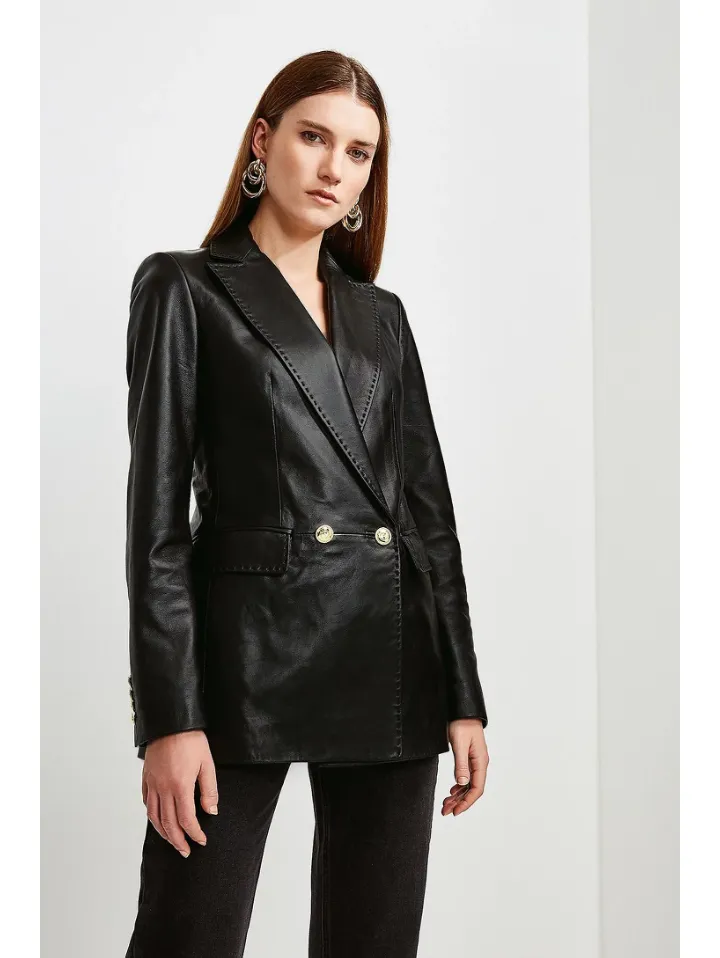 Women’s Black Sheepskin Leather Blazer With Golden Buttons