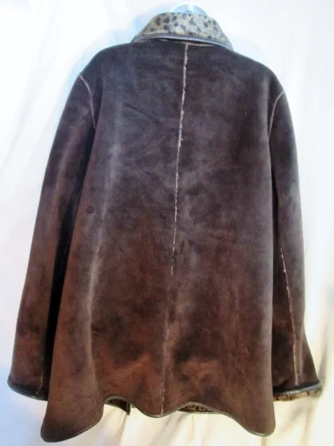 Womens DENNIS BASSO Vegan LEOPARD Faux Fur jacket coat BROWN XL