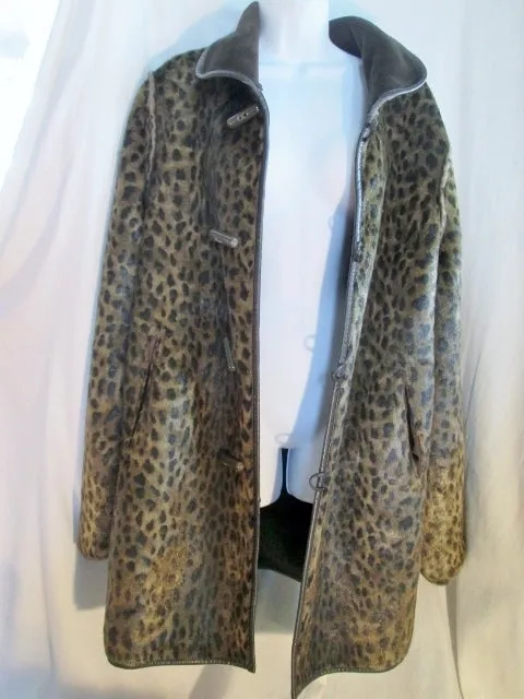 Womens DENNIS BASSO Vegan LEOPARD Faux Fur jacket coat BROWN XL