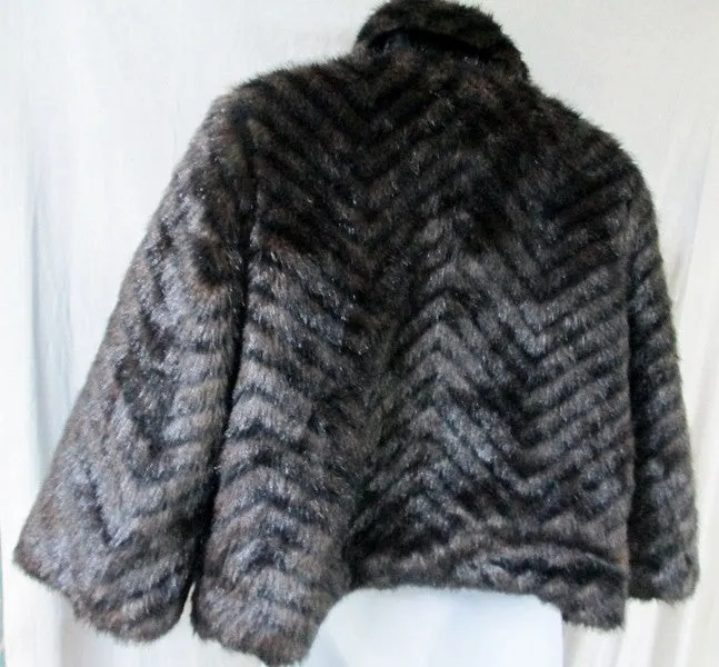 Womens FUSION DENIM Faux FUR jacket coat Bolero L BROWN BLACK STRIPE