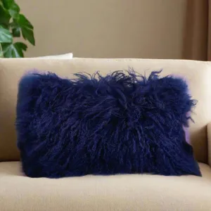 Wool Mongolian Lamb Fur Throw Pillow Cobalt Blue