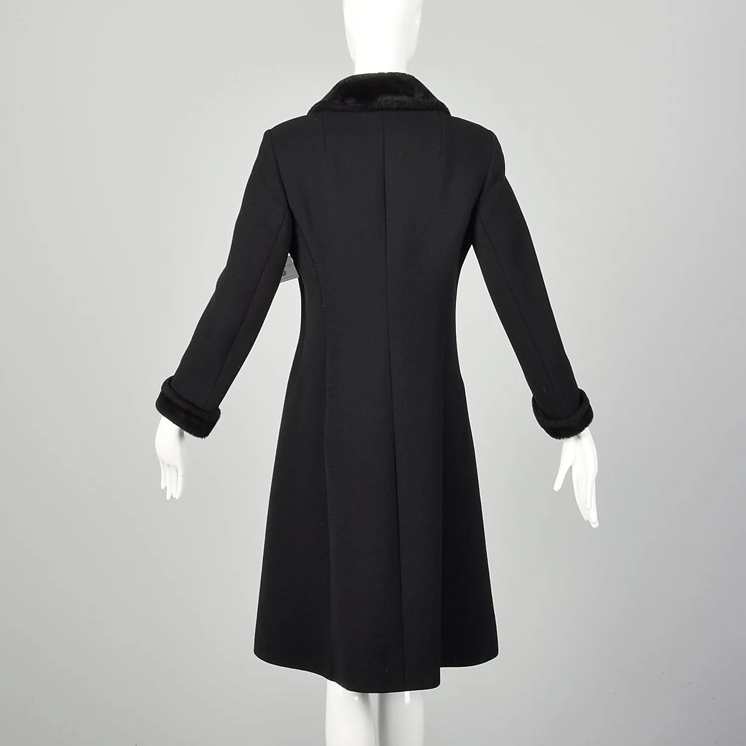 XS 1960s Mod Winter Coat Black Wool with Frog Closures and Faux Fur Trim