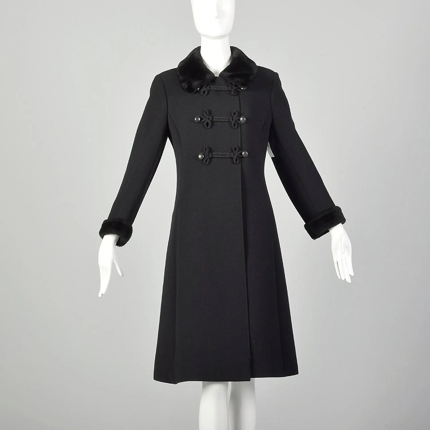 XS 1960s Mod Winter Coat Black Wool with Frog Closures and Faux Fur Trim