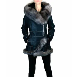 Zooloo Women's Shearling Coat with Fox Trimming