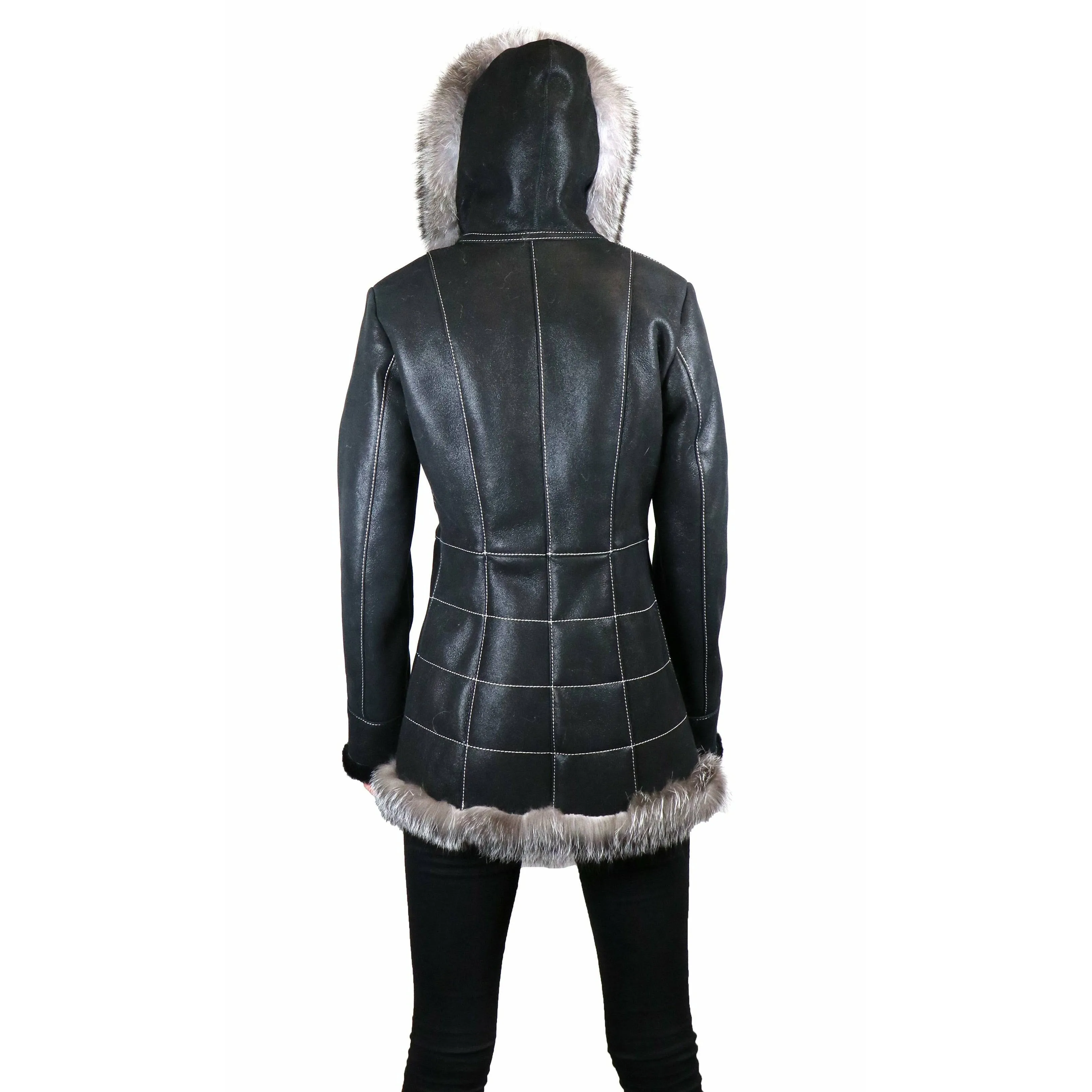 Zooloo Women's Shearling Coat with Fox Trimming